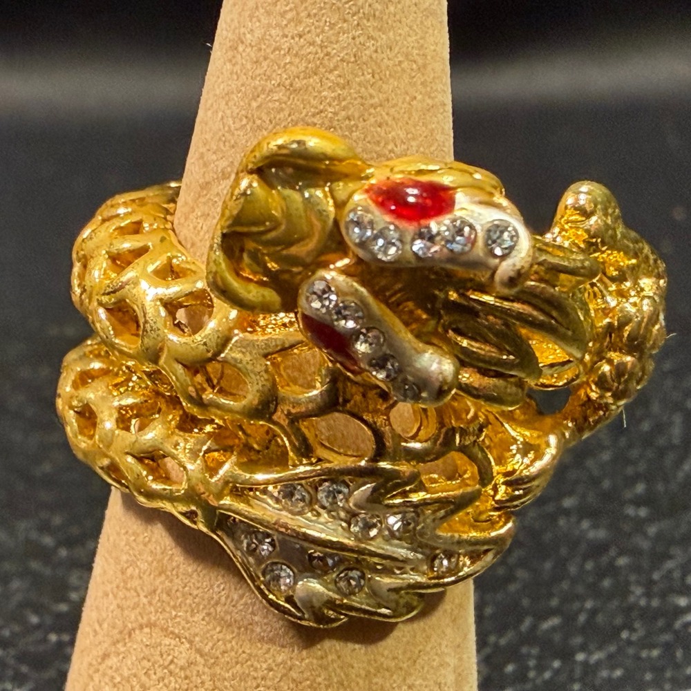 Vintage Double Headed Dragon Ring Gold Tone Rhinestone Enamel Bypass Size 7.25